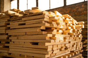 Sunlit stack of timber boards in, an Industrial Photo by volodymyrshtun13795