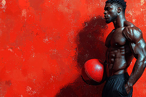 Muscular man holding a red ball against an artistic textured red background, a Photo by AS photostudio