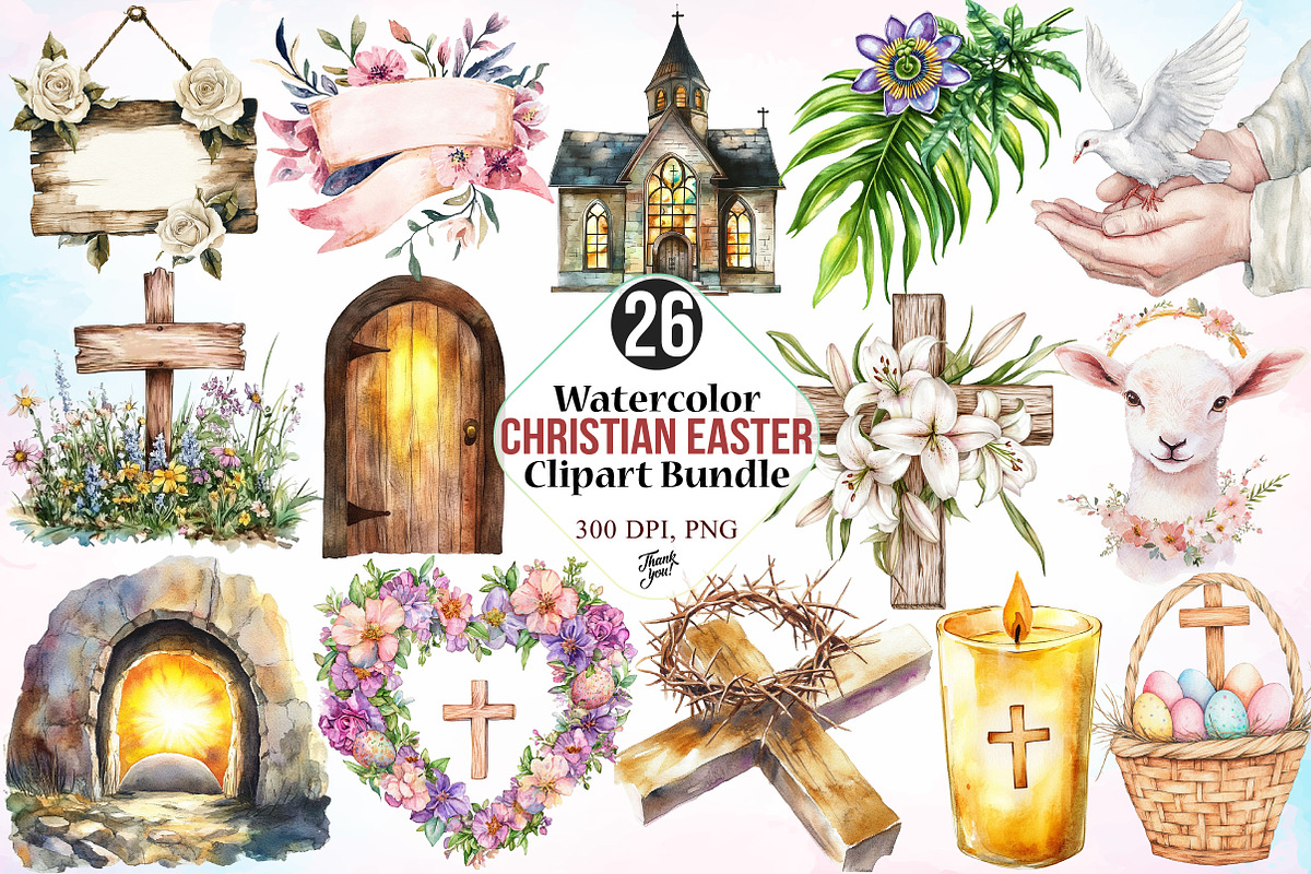 Watercolor Christian Easter Clipart, an Illustration by Canvas Craft (Photo 1 of 3)