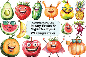 Funny Fruits & Vegetables Clipart, an Illustration by Craft Nest