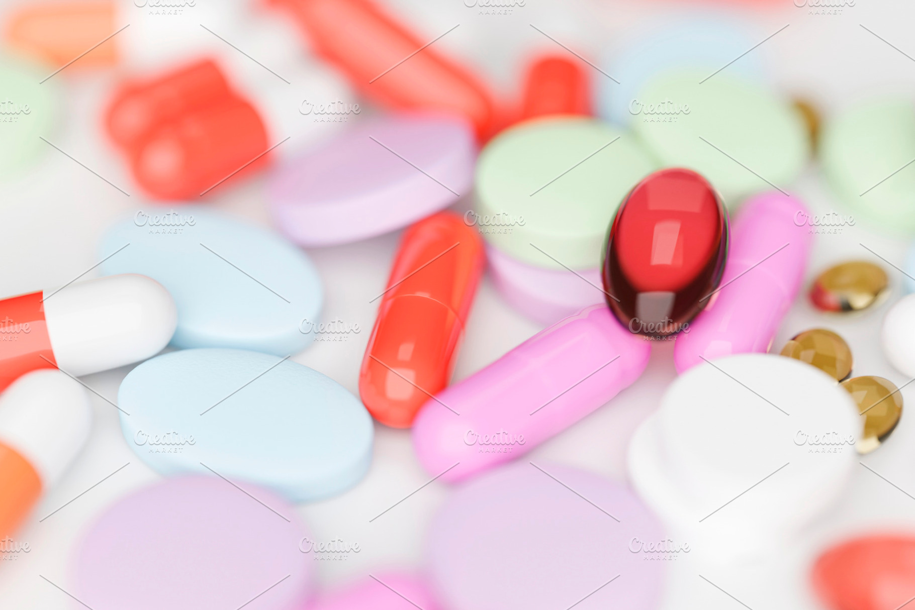 Close-up of colorful pills and capsules on white surface, a Health & Medical Photo by RF Images
