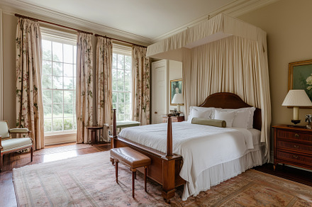 A serene Neoclassical style house bedroom featuring a large bed with a canopy,, an Architecture Photo by Textures & Backgrounds