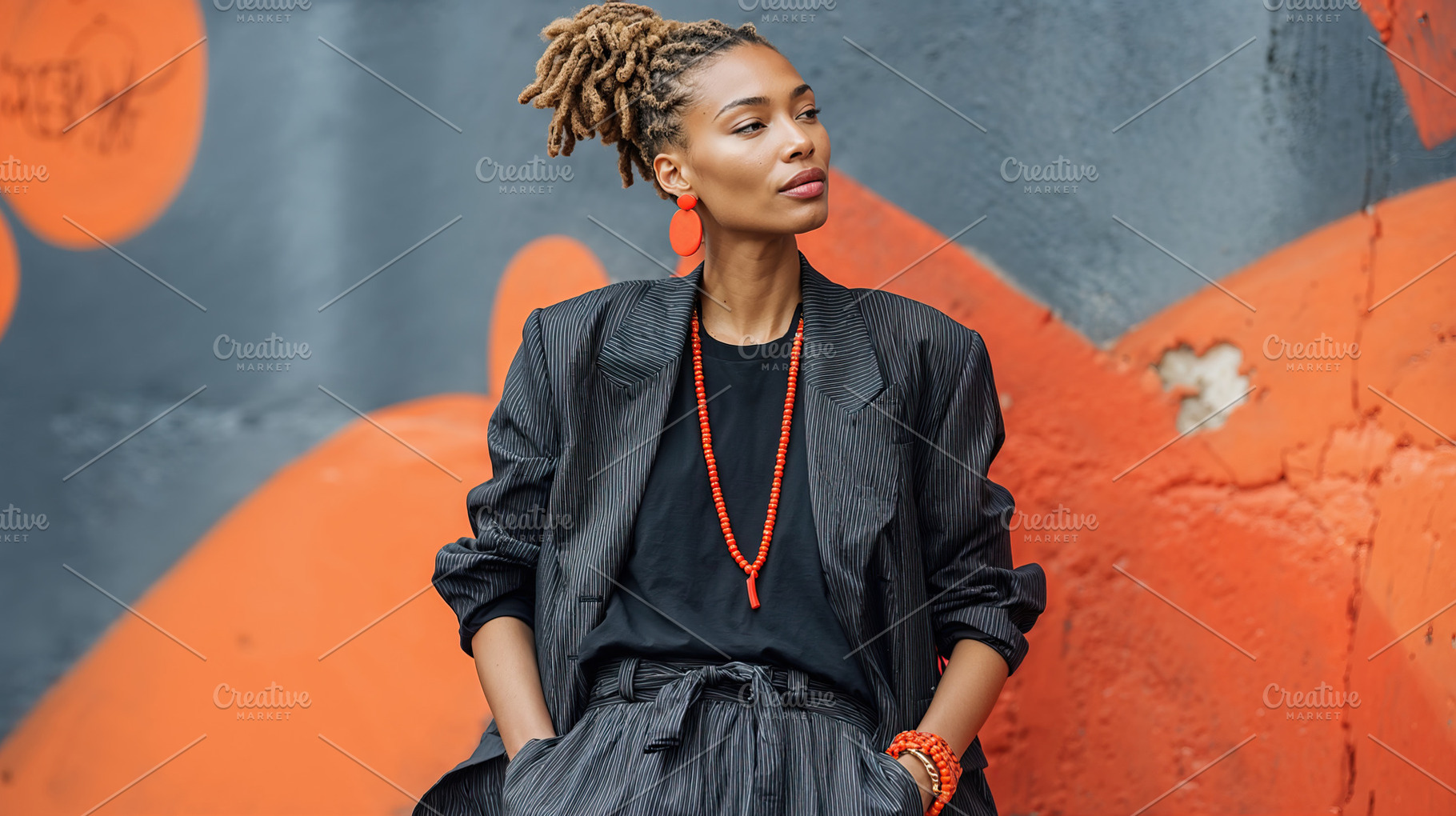 Influencer woman poses stylishly against vibrant mural in urban setting, a Person Photo by OSORIOartist