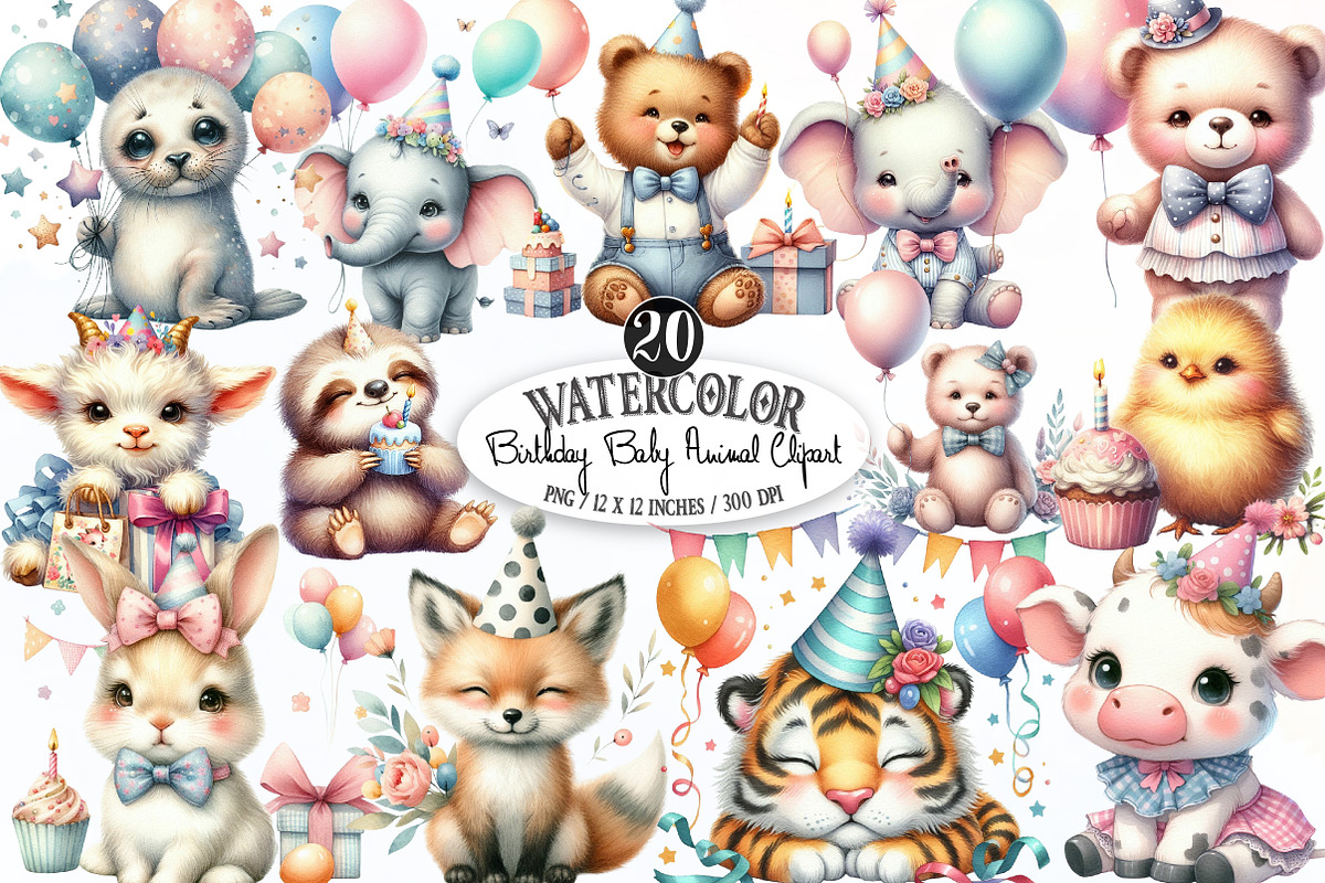Birthday Baby Animal Clipart, Birthd, an Illustration by Designking (Photo 1 of 4)