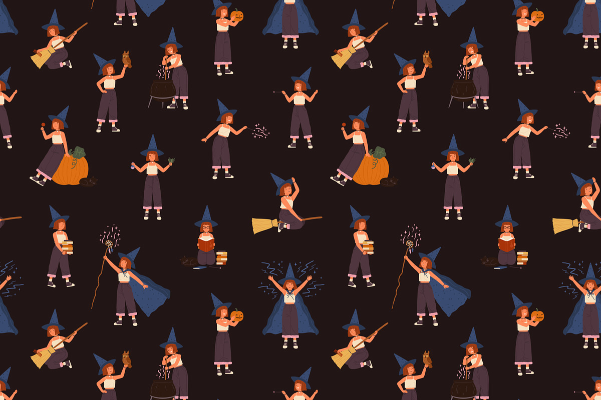 Little witch seamless pattern, a Pattern Graphic by Good Studio (Photo 1 of 3)