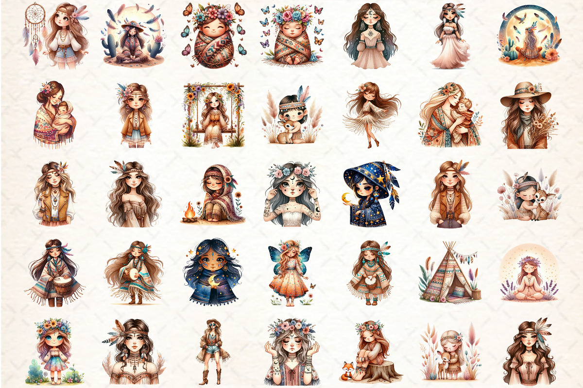 Tribal Girl, Boho Clipart, Bohemian, an Illustration by DreamCafeArt (Photo 3 of 4)