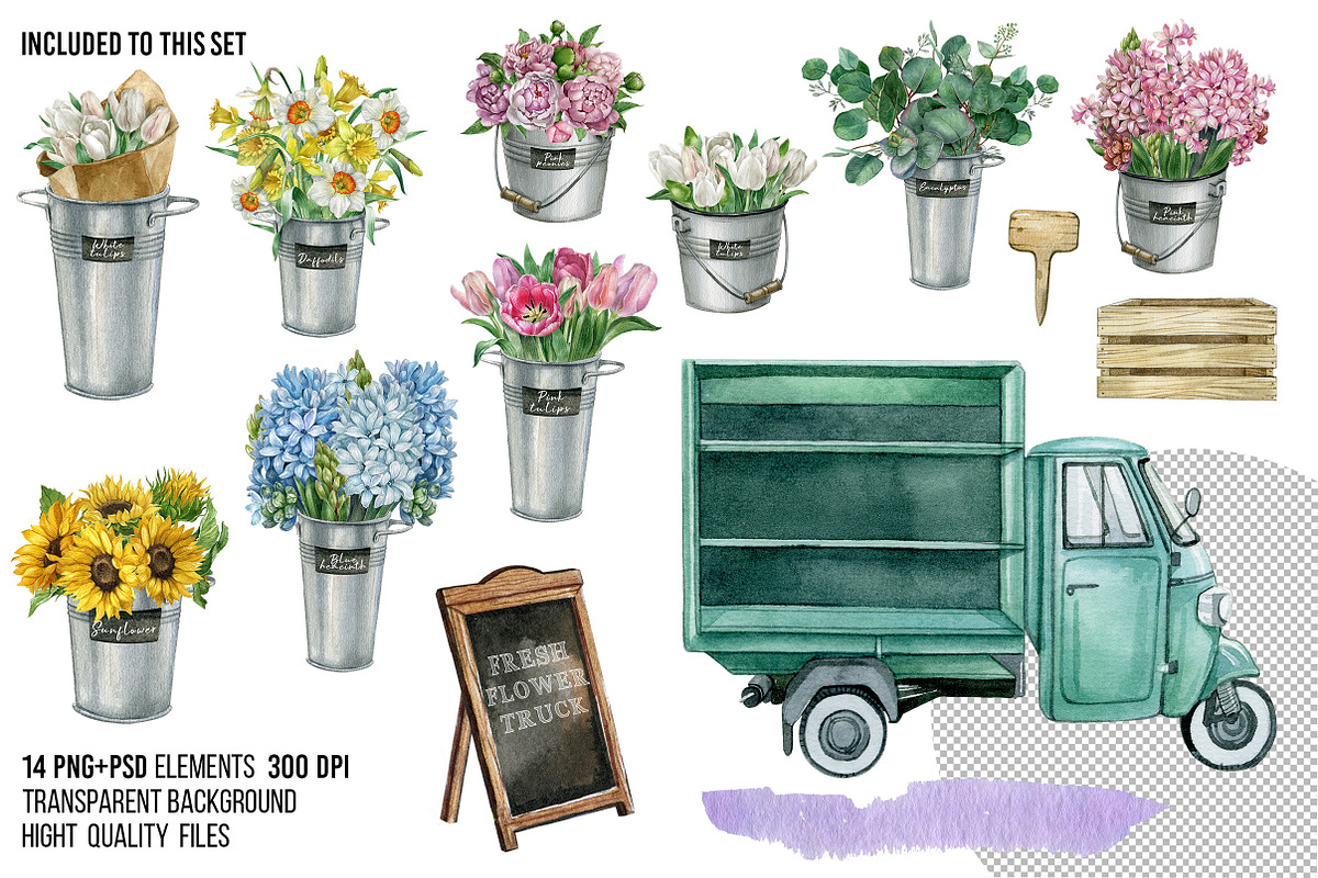 Watercolor flower market car clipart, an Object Illustration by yana.fefelova (Photo 2 of 6)