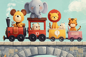 Adorable animal friends ride a train, a Photo by Pixeness Studio