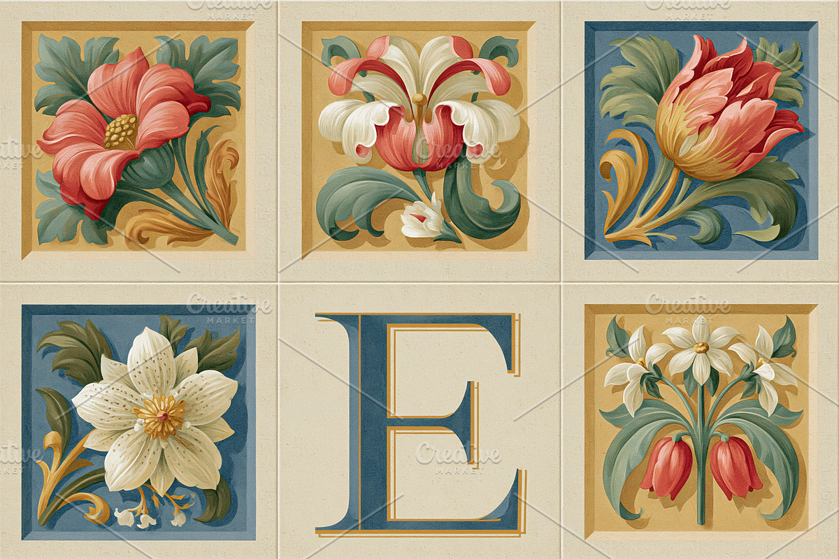 Vintage floral decorative tiles with elegant capital letter E, c, an Illustration by Studio ANNA