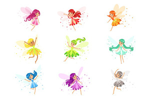 Colorful Rainbow Set Of Cute Girly Fairies With Winds And Long Hair Dancing Surrounded By Sparks And Stars In Pretty Dresses