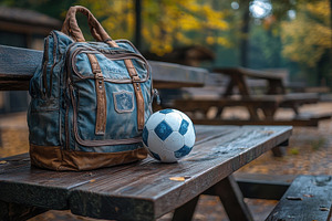 Backpack and soccer ball resting on, a Photo by Tanuart