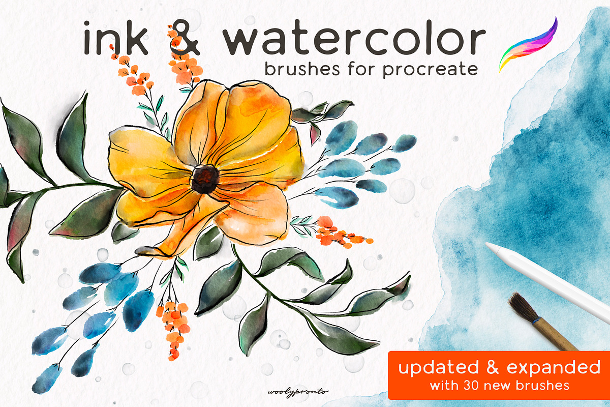 Ink & Watercolor Procreate Brushes, a Brush Add-On by Wooly Pronto (Photo 1 of 9)