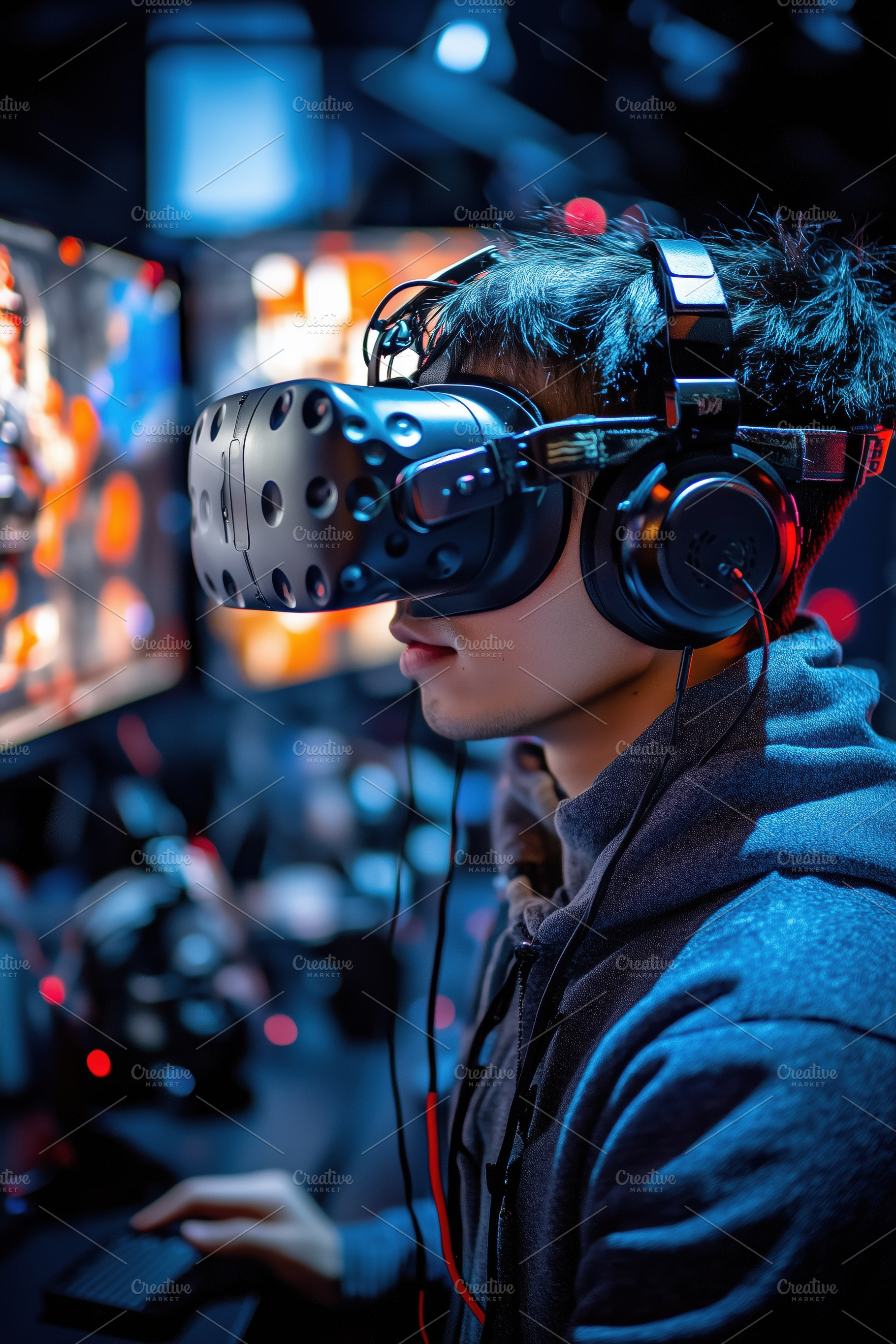 A young man virtual prototyping specialist wearing a virtual reality headset an, a Person Photo by Textures & Backgrounds