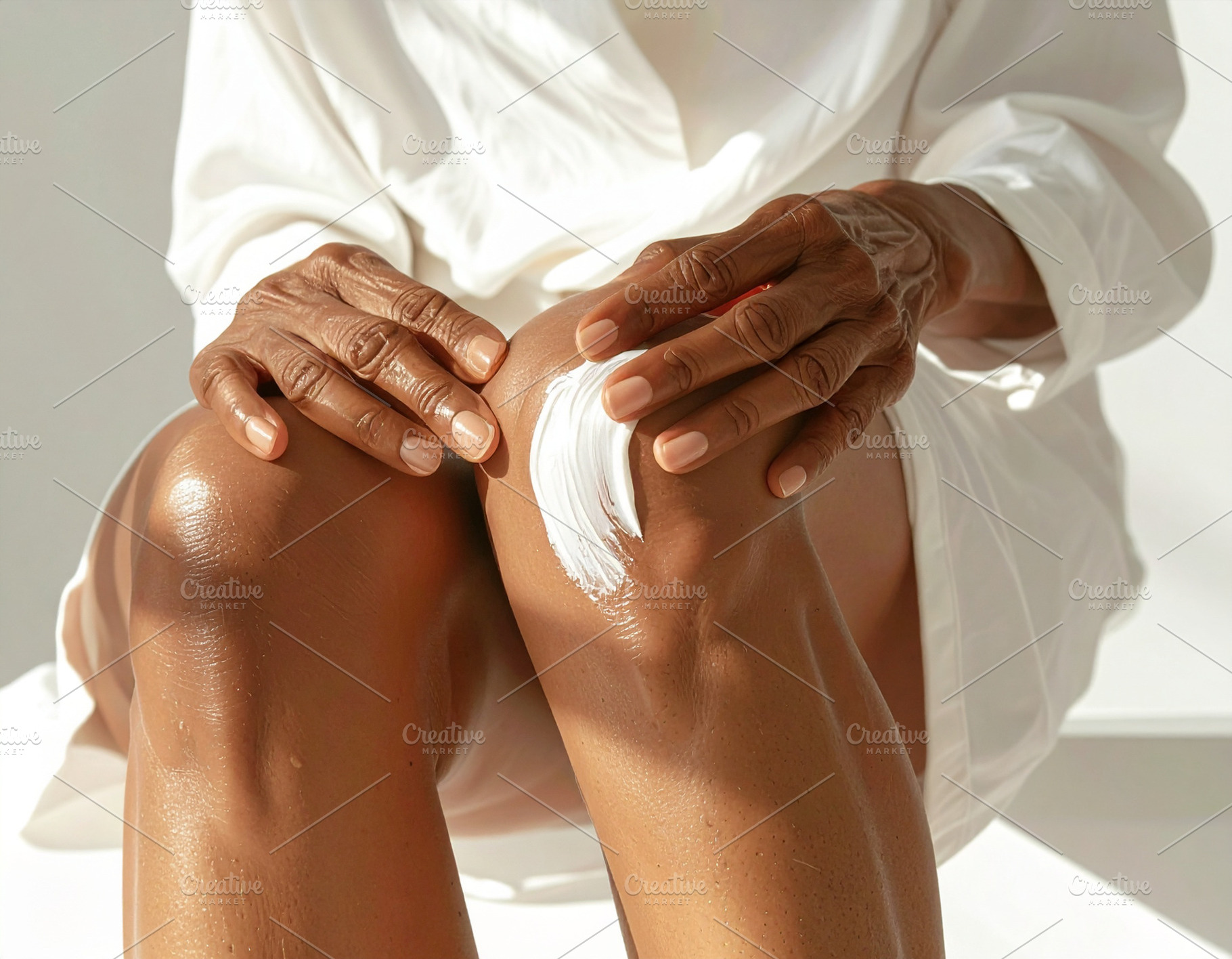 Woman applying cream with hand on knee at interior room, a Person Photo by DanFLCreativo