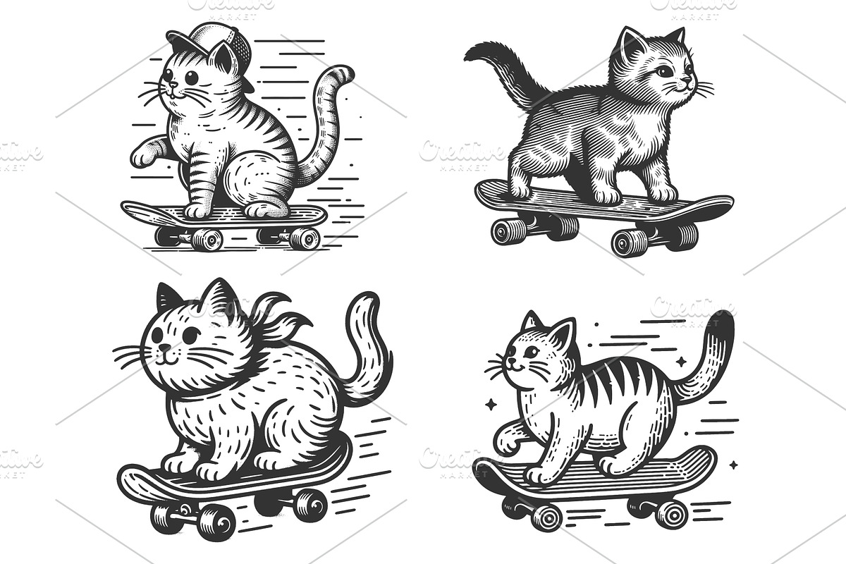 Cat Riding Skateboard engraving, an Animal Illustration by AlexArt