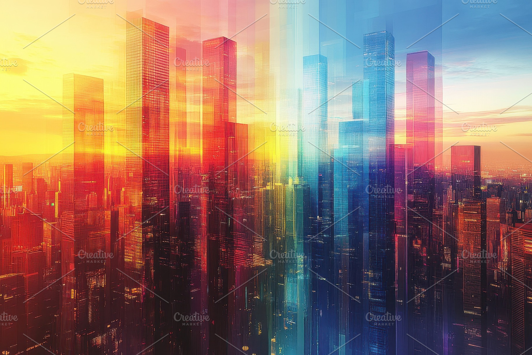 Vibrant Cityscape Sunset Skyscrapers, a Photo by Pixeness Studio