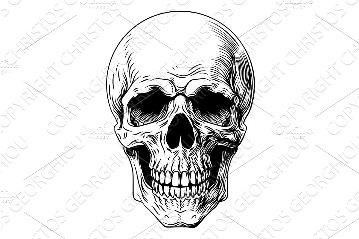 Human Skull Woodcut Intaglio, an Illustration by Christos Georghiou