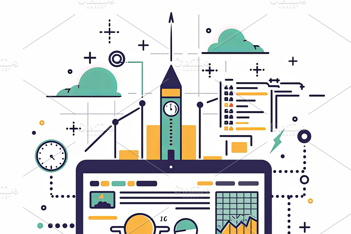 Illustrative digital analysis concept with charts and technology on computer sc, an Illustration by AS photostudio