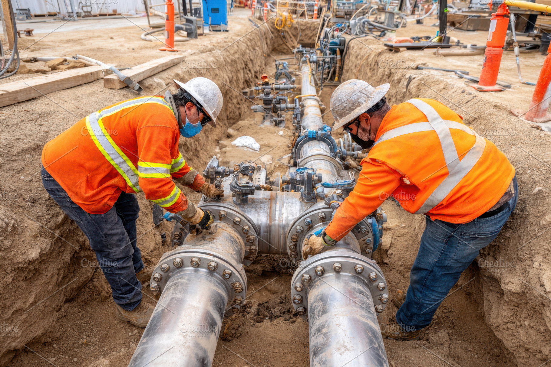 Workers repairing a large metal pipe in a trench, an Industrial Photo by AlyaAnd