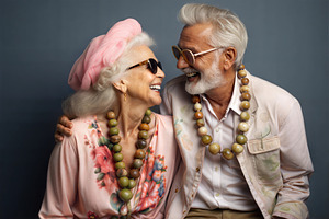 Joyful elderly couple wearing colorful outfits and accessories,, a Person Photo by ImageMir