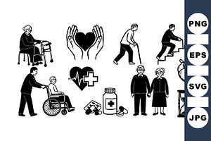 Elderly Care Medical Icons Set, an Illustration by designvectx