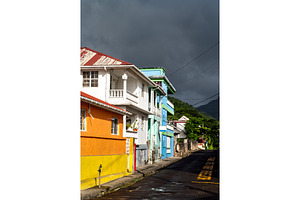 Colorful Caribbean buildings along a, an Architecture Photo by Leonid Andronov