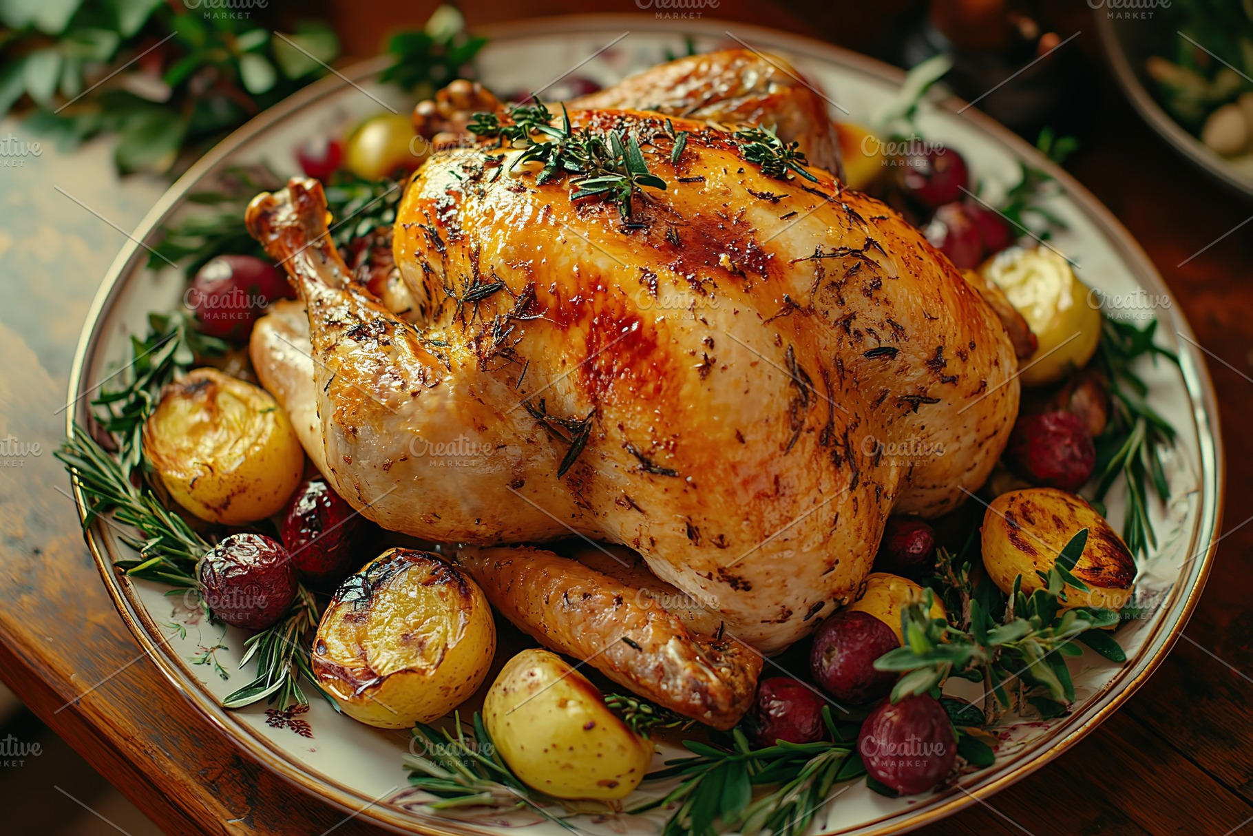 Tasty and garnished roasted turkey in plate on wooden table. Thanksgiving day, a Food & Drink Photo by AlyaAnd