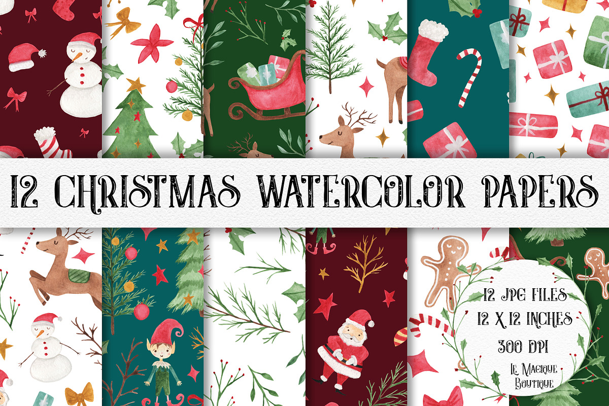 Christmas Watercolor Papers, a Pattern Graphic by LeMagiqueBoutique (Photo 1 of 7)