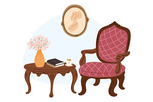 Vintage armchair with table of books, an Object Illustration by Vectorbuum