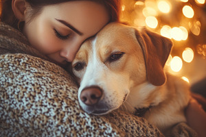 A warm hug between a woman and her d, an Animal Photo by Pixeness Studio