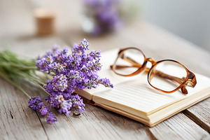 Lavender flowers and glasses on a light-colored table with an open notebook, a Photo by AlyaAnd