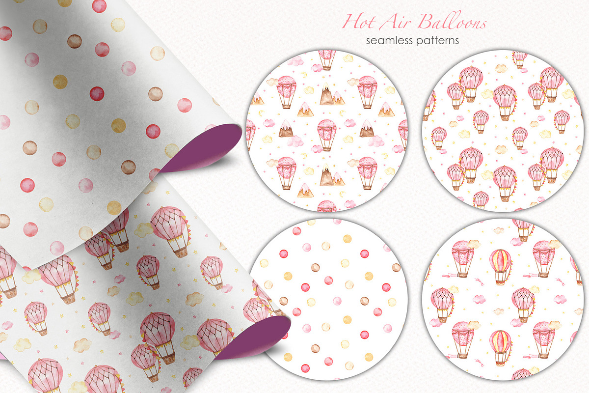Hot air balloon pink watercolor, a Transportation Illustration by Marina Ermakova (Photo 7 of 9)