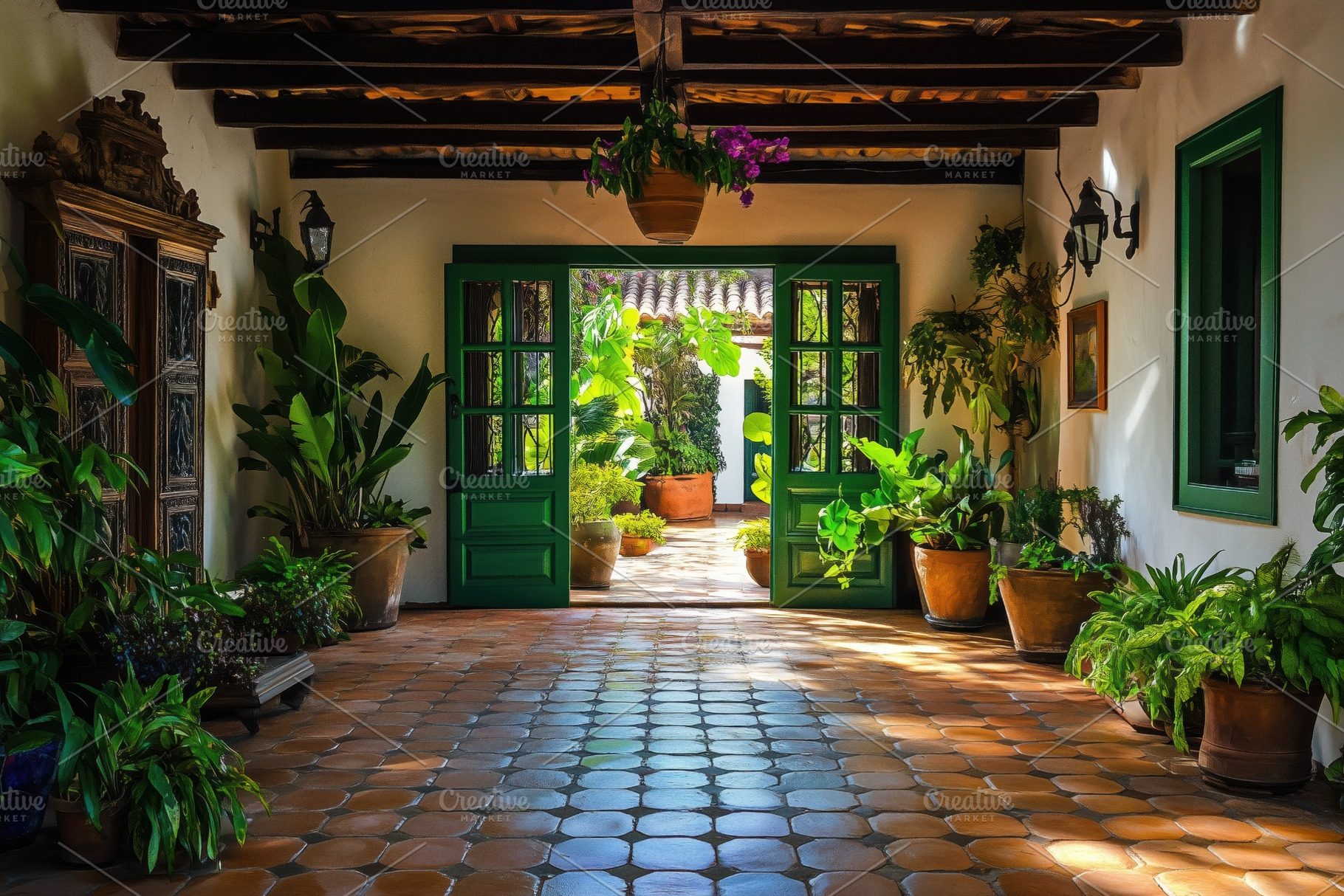 A beautiful Spanish Colonial house style indoor garden with green doors  leading, an Architecture Photo by, image size:1820x1214