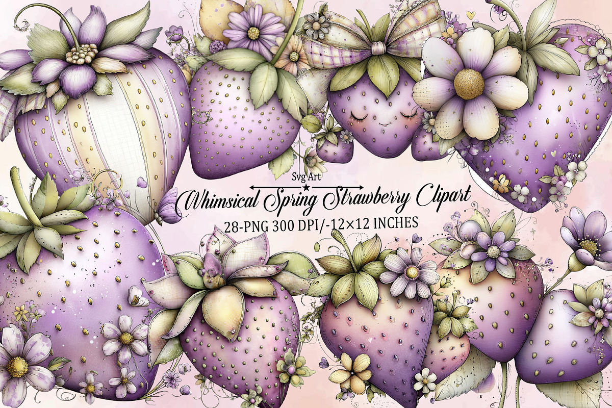 Whimsical Spring Strawberry Clipart, an Illustration by SVGArt (Photo 1 of 9)