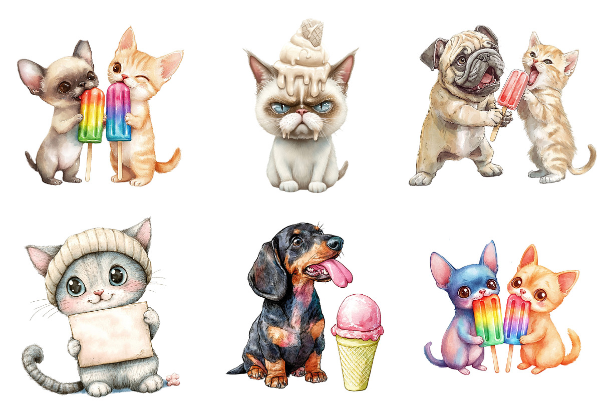 Funny Dog and Cat Love Ice Cream png, an Illustration by Watercolor design (Photo 4 of 5)