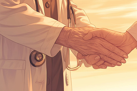Doctor and patient shaking hands in a warm compassionate illustration, an Illustration by AS photostudio