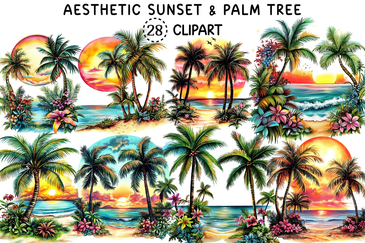 Aesthetic Sunset & Palm Tree Clipart, a Seasonal Illustration by Creative Art (Photo 1 of 8)