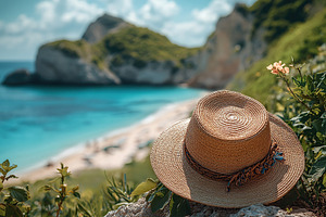 Beautiful beach scene with a straw hat resting near turquoise waters in a tropi, a Beauty & Fashion Photo by AlyaAnd