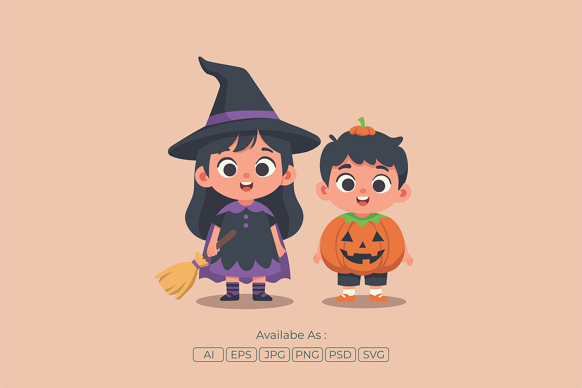 Kids Halloween Witch Pumpkin Flat, a Seasonal Illustration by Partikusi Design (Photo 2 of 3)