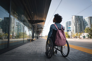 Woman in wheelchair awaits ride, a Photo by Beautiful things