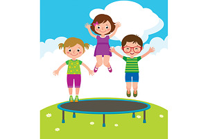 Funny children jumping on a trampoli