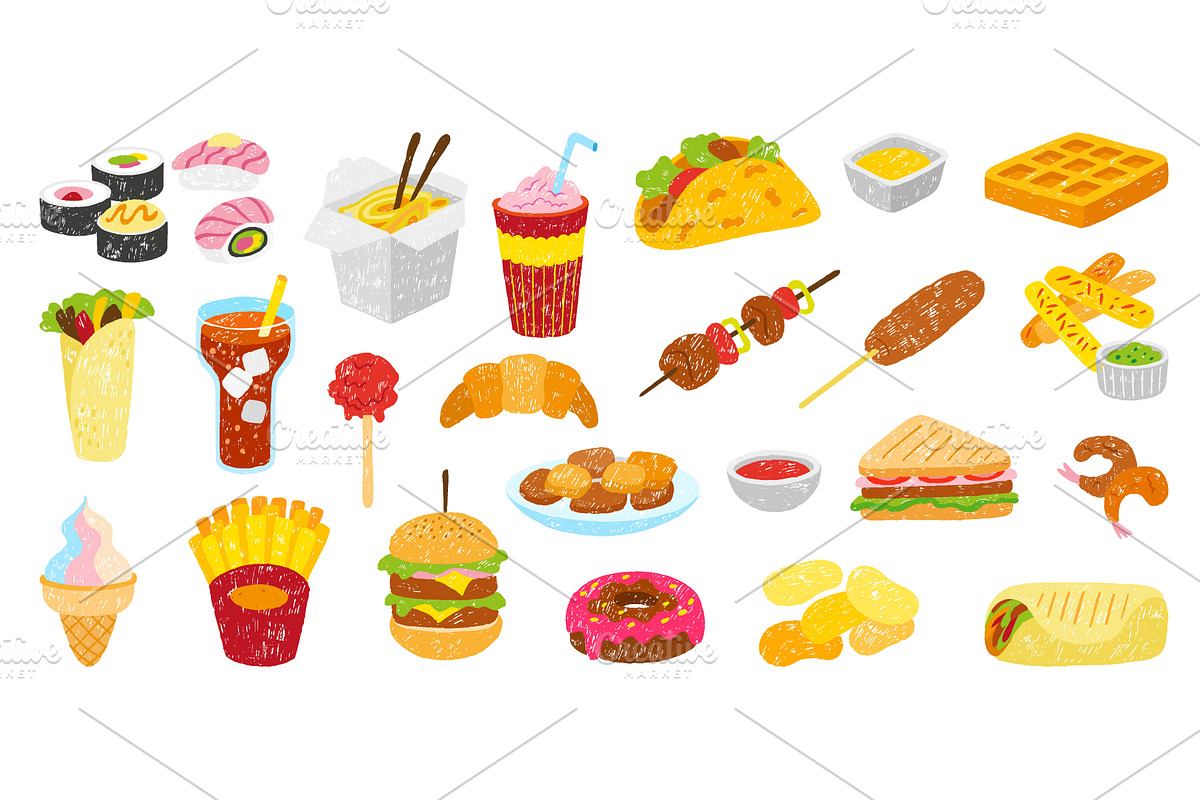 Doodle fast food elements. Asian and, a Food Illustration by Valerie Bodnar