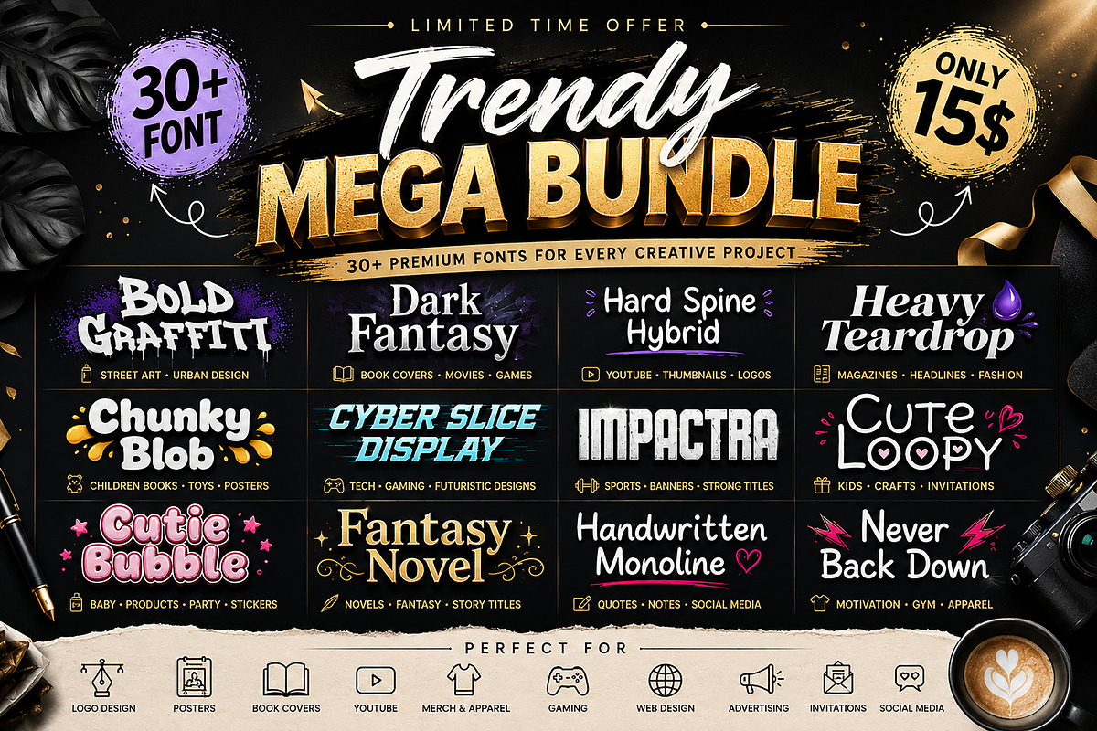 Trendy Mega Bundle Font, a Sans Serif Font by Wow Magic (Photo 1 of 10)