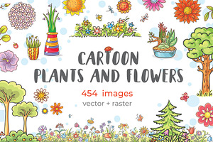 Cartoon plants and flowers set