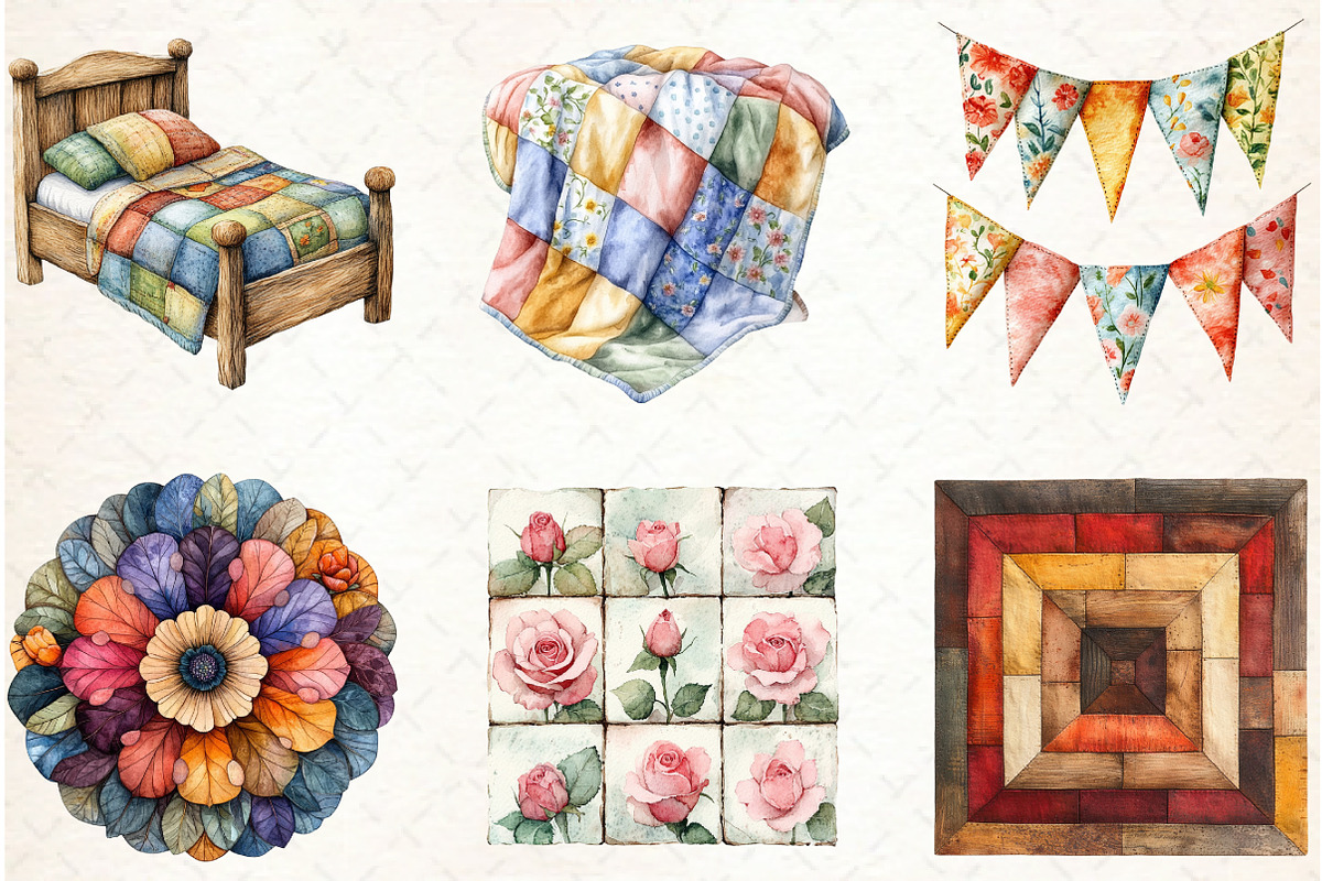 Watercolor Cottage Quilts Fussy Clip, an Illustration by Libby Wishes (Photo 3 of 6)