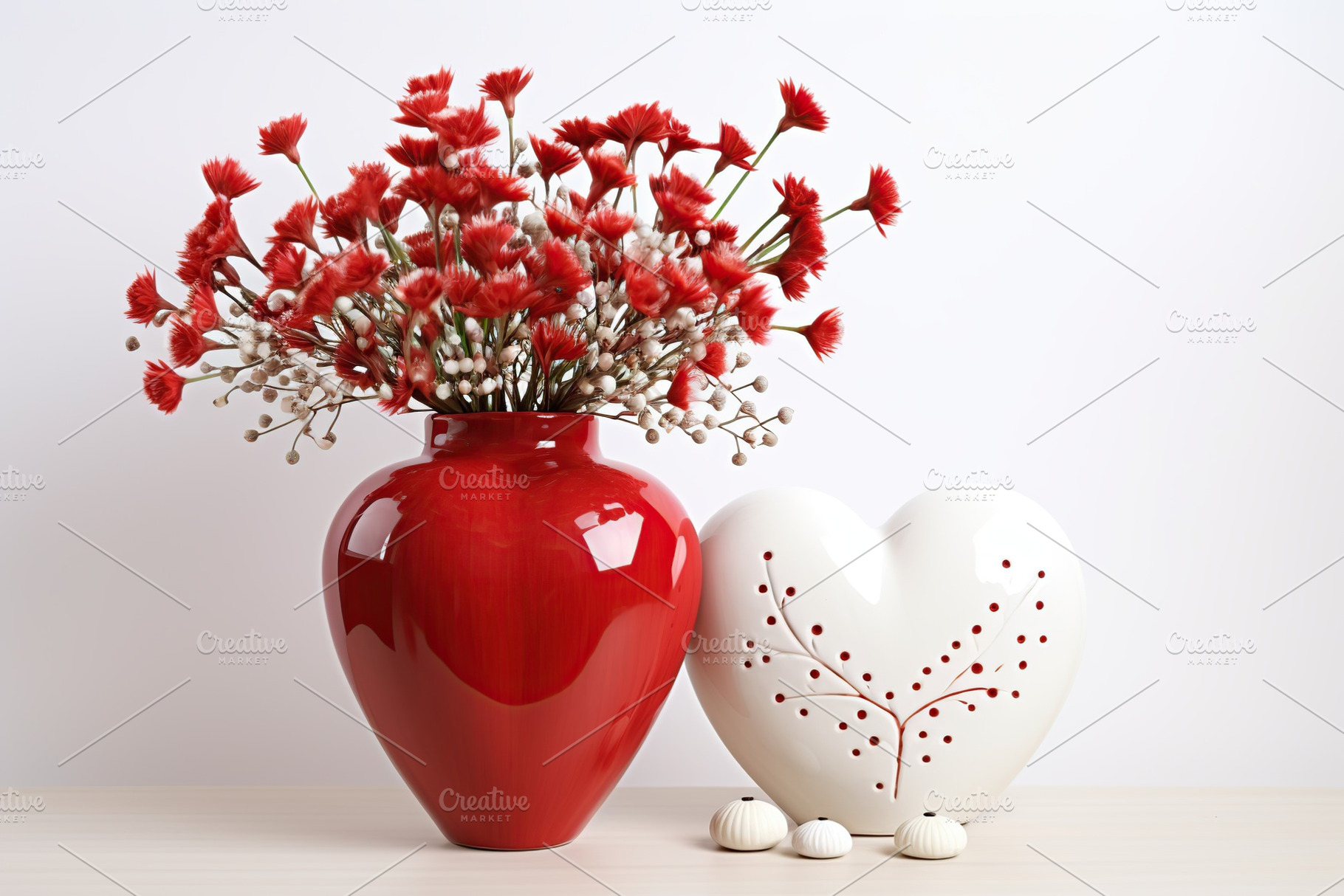 Red ceramic vases and flowers. Valentines day, a Holiday Photo by AlyaAnd