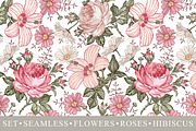 Set Seamless Flowers Rose Hibiscus, a Pattern Graphic by Vintage (Thumbnail 1 of 10)