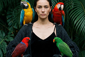 Exotic Portrait of Woman and Parrots, a Nature Photo by Virgo Studio