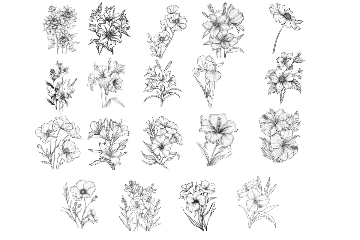 Floral Flower Set 11 Procreate Brush, a Brush Add-On by Disasterology Ink