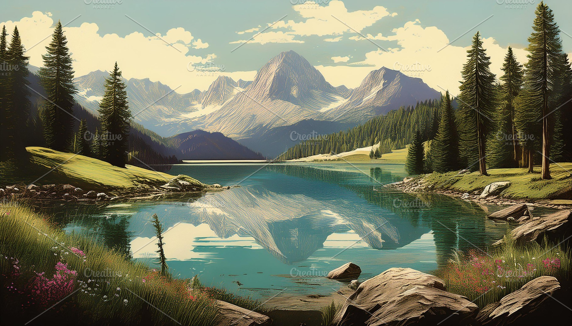 vintage alpine mountain lake panorama illustration, AI generated, a Photo by WorldOfPhotos
